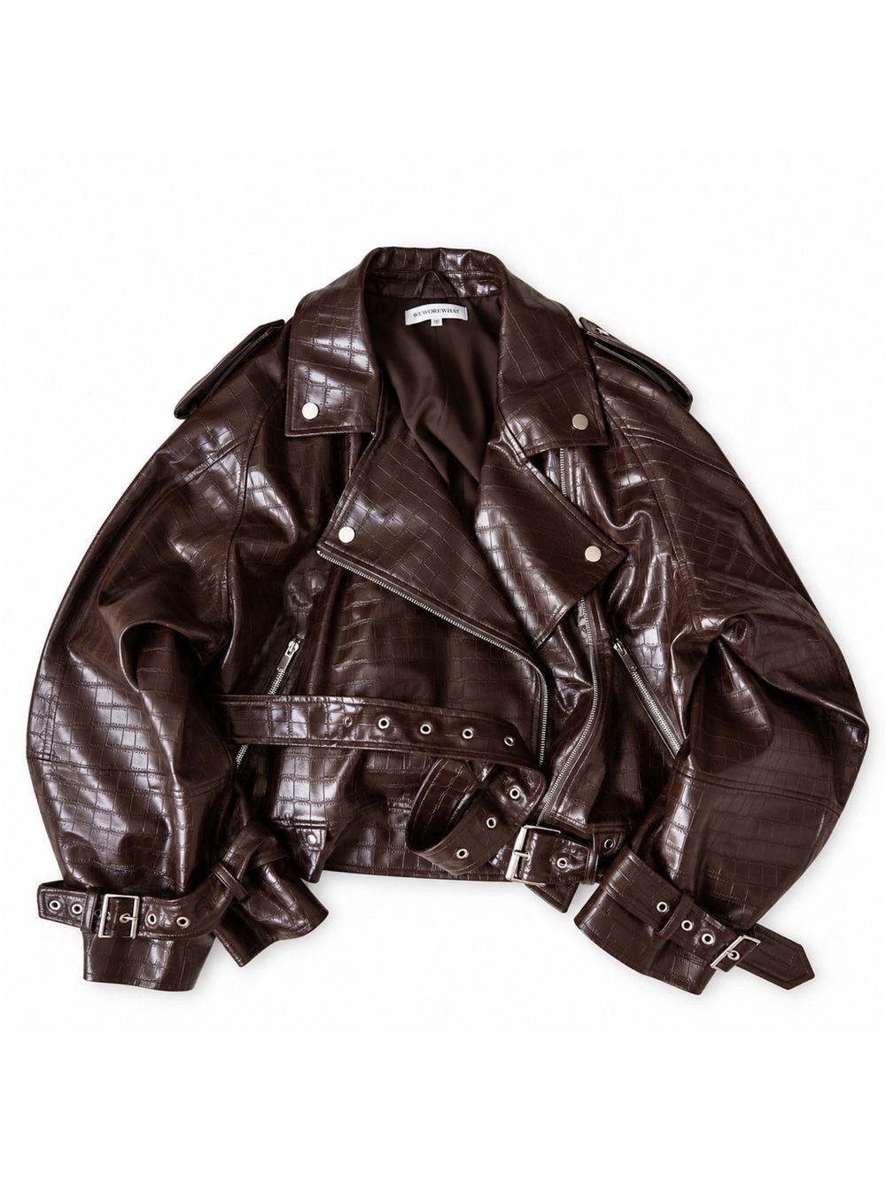 WeWoreWhat Croc Embossed Cropped Moto Jacket Dark Brown Large NWOT